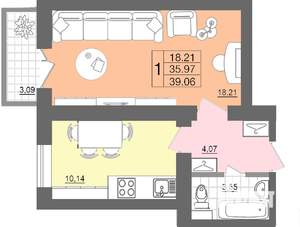1-к квартира, строящийся дом, 39м2, 1/10 этаж