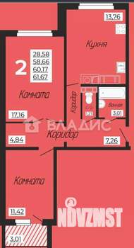 2-к квартира, вторичка, 62м2, 7/10 этаж