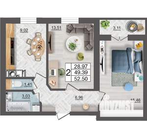 2-к квартира, строящийся дом, 53м2, 2/10 этаж