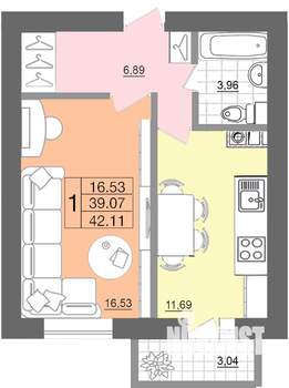 1-к квартира, строящийся дом, 42м2, 1/7 этаж