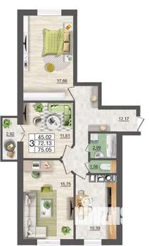 3-к квартира, строящийся дом, 75м2, 9/10 этаж