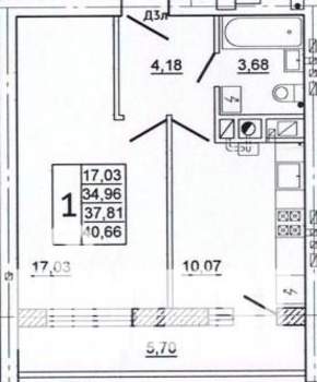 1-к квартира, вторичка, 41м2, 6/10 этаж