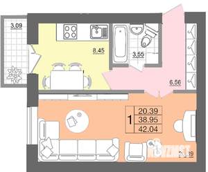 1-к квартира, строящийся дом, 42м2, 1/10 этаж