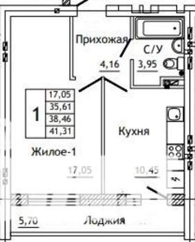 1-к квартира, строящийся дом, 41м2, 8/10 этаж