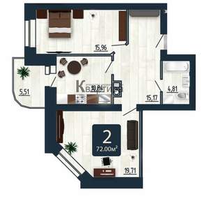 2-к квартира, вторичка, 72м2, 2/10 этаж