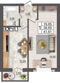 1-к квартира, строящийся дом, 42м2, 9/10 этаж