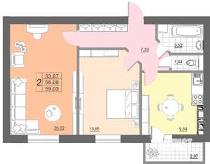 2-к квартира, строящийся дом, 59м2, 10/10 этаж