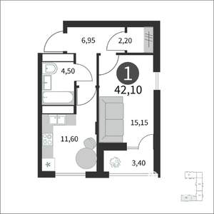 1-к квартира, строящийся дом, 42м2, 2/15 этаж