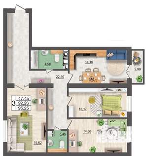 3-к квартира, строящийся дом, 95м2, 7/10 этаж