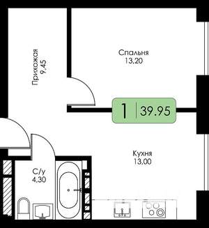 1-к квартира, строящийся дом, 40м2, 3/15 этаж