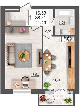 1-к квартира, строящийся дом, 41м2, 2/10 этаж