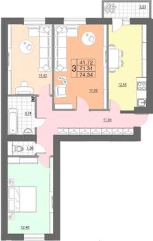 3-к квартира, строящийся дом, 74м2, 4/10 этаж