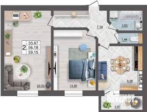 2-к квартира, строящийся дом, 59м2, 5/10 этаж