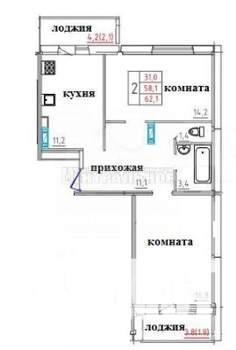 2-к квартира, вторичка, 62м2, 1/10 этаж