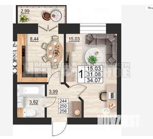 1-к квартира, вторичка, 34м2, 6/10 этаж