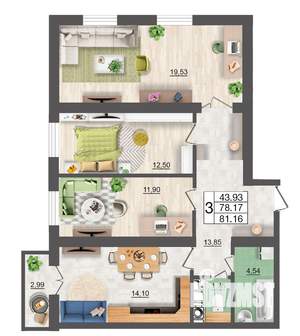 3-к квартира, строящийся дом, 81м2, 6/10 этаж