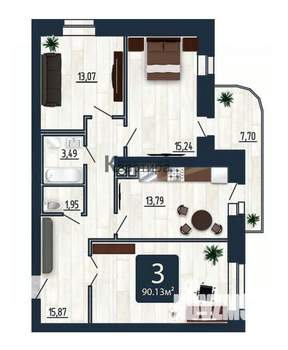 2-к квартира, вторичка, 90м2, 6/9 этаж