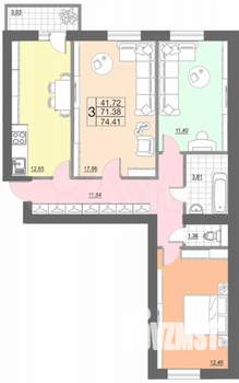 3-к квартира, сданный дом, 75м2, 6/10 этаж