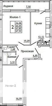 2-к квартира, строящийся дом, 68м2, 6/10 этаж