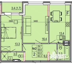 2-к квартира, вторичка, 62м2, 4/11 этаж