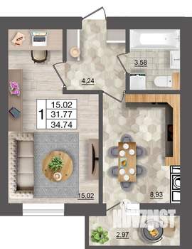 1-к квартира, строящийся дом, 35м2, 1/10 этаж