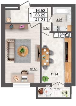 1-к квартира, строящийся дом, 41м2, 9/10 этаж