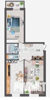 2-к квартира, вторичка, 64м2, 7/10 этаж