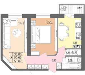 2-к квартира, строящийся дом, 54м2, 1/7 этаж