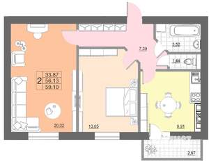 2-к квартира, строящийся дом, 59м2, 6/10 этаж