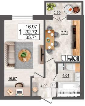 1-к квартира, строящийся дом, 36м2, 4/10 этаж