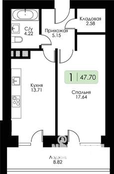 1-к квартира, строящийся дом, 47м2, 8/10 этаж