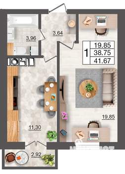 1-к квартира, строящийся дом, 42м2, 3/10 этаж
