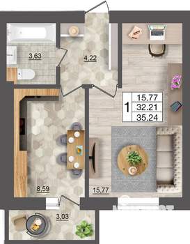 1-к квартира, строящийся дом, 35м2, 1/10 этаж