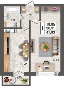 1-к квартира, строящийся дом, 42м2, 2/10 этаж