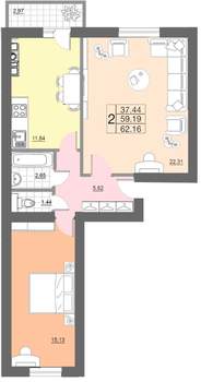 2-к квартира, строящийся дом, 62м2, 4/10 этаж