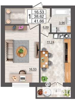 1-к квартира, строящийся дом, 42м2, 9/10 этаж