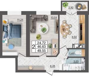 2-к квартира, строящийся дом, 50м2, 2/10 этаж