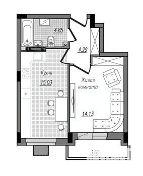 1-к квартира, строящийся дом, 42м2, 14/16 этаж