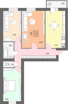 3-к квартира, строящийся дом, 77м2, 10/10 этаж