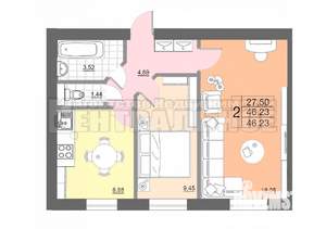 2-к квартира, вторичка, 46м2, 1/10 этаж