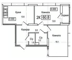 2-к квартира, строящийся дом, 61м2, 2/10 этаж