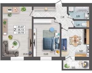2-к квартира, строящийся дом, 59м2, 9/10 этаж