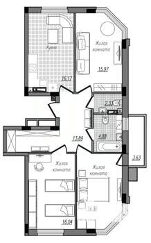 3-к квартира, строящийся дом, 88м2, 3/16 этаж