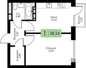 1-к квартира, строящийся дом, 38м2, 3/15 этаж