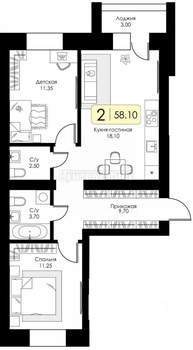 2-к квартира, вторичка, 58м2, 3/10 этаж