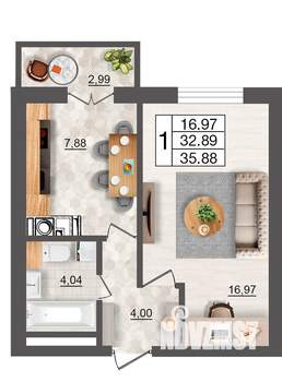 1-к квартира, строящийся дом, 36м2, 2/10 этаж