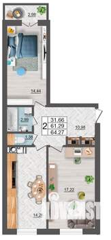 2-к квартира, строящийся дом, 64м2, 2/10 этаж