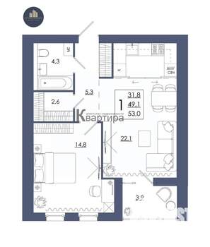 1-к квартира, вторичка, 53м2, 5/16 этаж