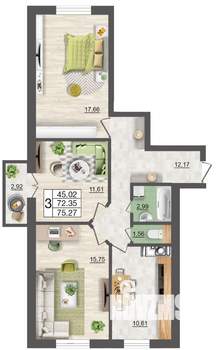 3-к квартира, строящийся дом, 75м2, 2/10 этаж