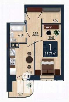 1-к квартира, вторичка, 52м2, 8/9 этаж